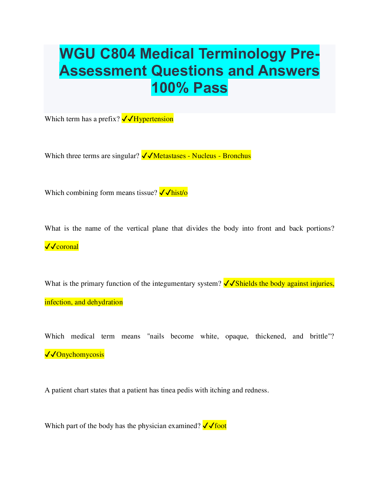 WGU C804 Medical Terminology PreAssessment Questions and Answers 100